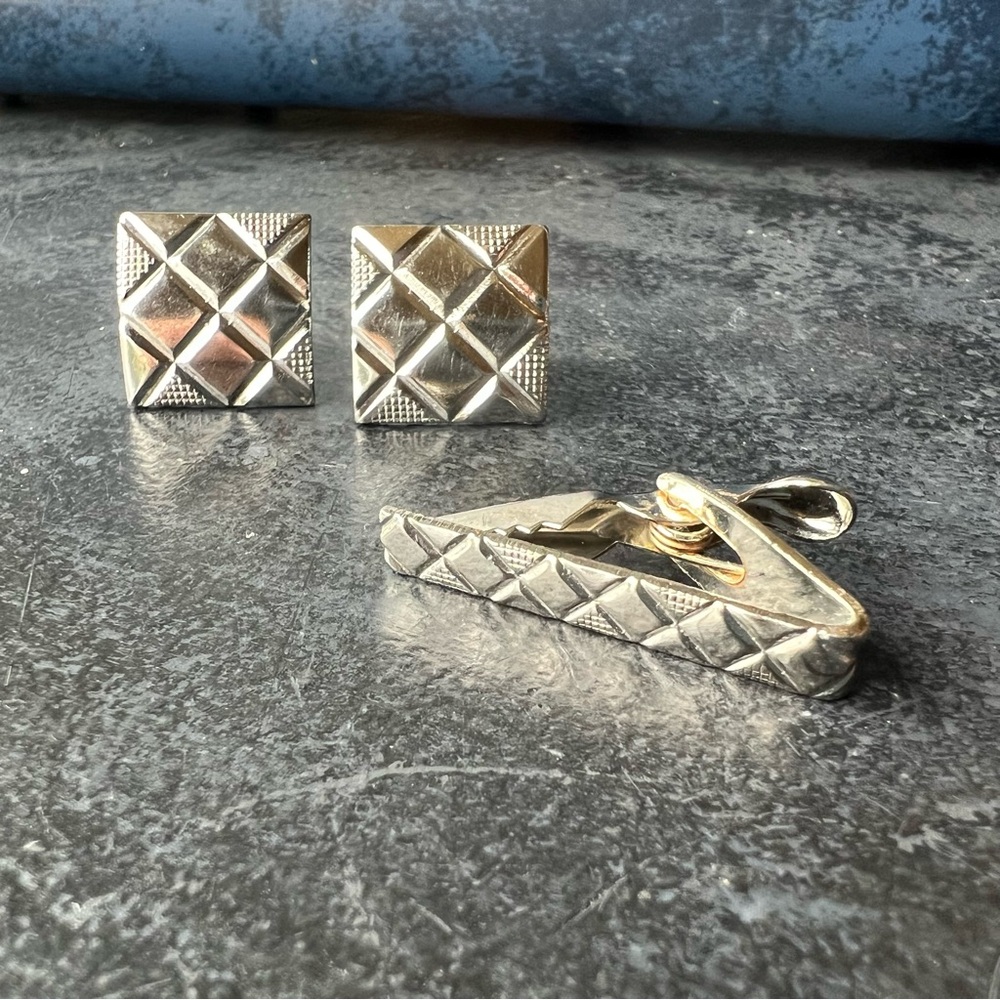 Mens Vintage Cufflinks Tie Clip Set Silver Square Geometric Grid Mid Century